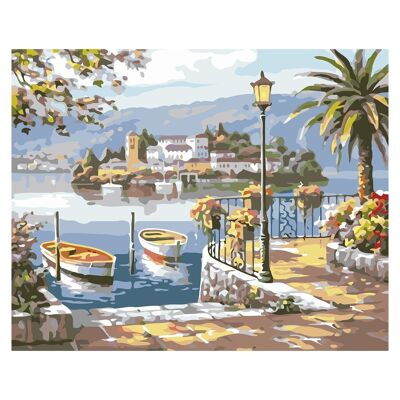Tela con disegno per dipingere con i numeri, 40x50cm. Progettare barche nell'estuario. Include pennelli e colori necessari. DMAH0066C19