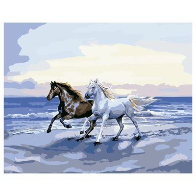 Lienzo con dibujo para pintar con números, de 40x50cm. Diseño caballos en la playa. Incluye pinceles y pinturas necesarias. DMAH0066C34
