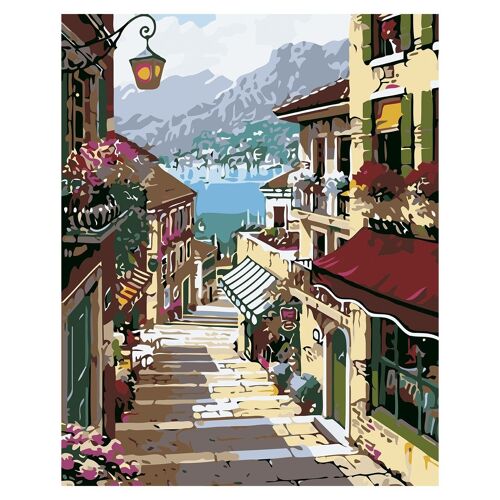 Lienzo con dibujo para pintar con números, de 40x50cm. Diseño calle marítima. Incluye pinceles y pinturas necesarias. DMAH0066C42