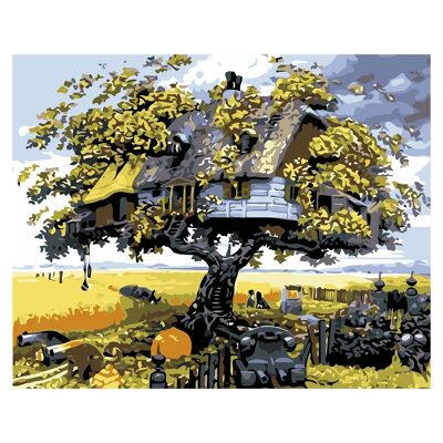 Canvas with drawing to paint by numbers, 40x50cm. Tree house design. Includes necessary brushes and paints. DMAH0066C96