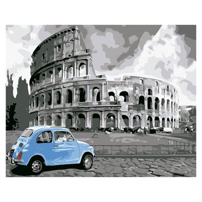 Tela con disegno per dipingere con i numeri, 40x50cm. Disegno del Colosseo di Roma. Include pennelli e colori necessari. DMAH0066C00