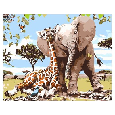 Tela con disegno per dipingere con i numeri, 40x50cm. Design con elefante e giraffa. Include pennelli e colori necessari. DMAH0066CP1