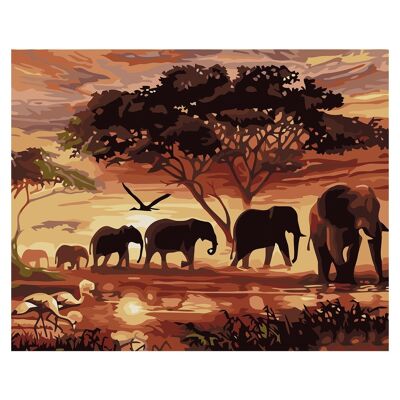 Toile avec dessin à peindre par numéros, 40x50cm. Conception d'éléphant d'Afrique. Comprend les pinceaux et les peintures nécessaires. DMAH0066C44
