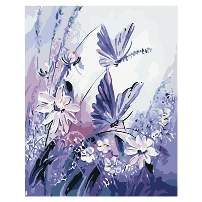Leinwand mit Zeichnung zum Malen nach Zahlen, 40x50cm. Gestalten Sie Blumen und Schmetterlinge. Inklusive notwendiger Pinsel und Farben. DMAH0066CM1