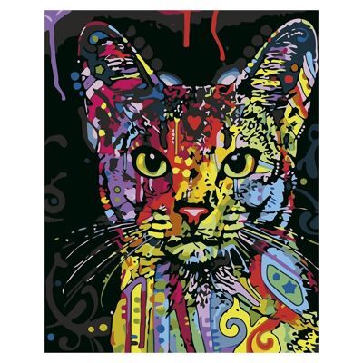 Toile avec dessin à peindre par numéros, 40x50cm. Conception abstraite de chat. Comprend les pinceaux et les peintures nécessaires. DMAH0066C17