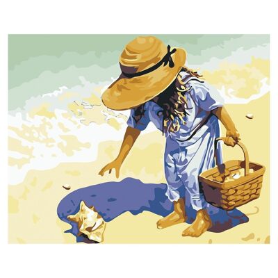 Lienzo con dibujo para pintar con números, de 40x50cm. Diseño niña en la playa. Incluye pinceles y pinturas necesarias. DMAH0066C71