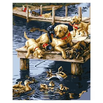 Canvas with drawing to paint by numbers, 40x50cm. Labrador retriever puppies design. Includes necessary brushes and paints. DMAH0066C43