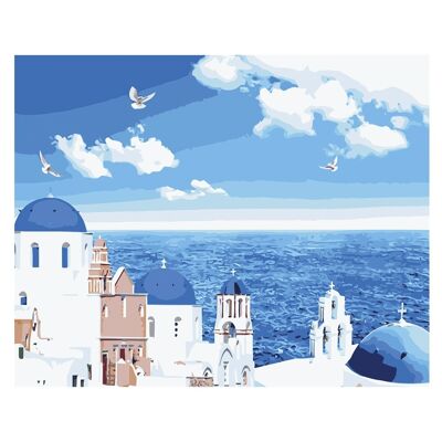 Canvas with drawing to paint by numbers, 40x50cm. Coastal town design. Includes necessary brushes and paints. DMAH0066C30