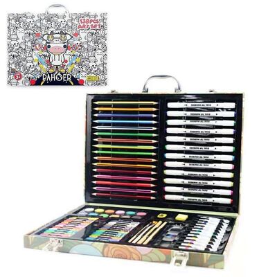 Fine arts briefcase 138 pieces with pencils and double-ended markers, watercolors, pastel waxes, acrylics, brushes and accessories. HIP-HOP design. DMAL0017C01