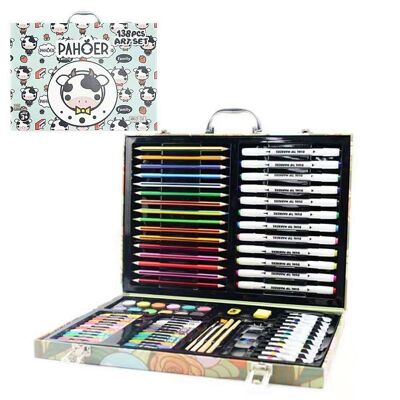 Mallette beaux-arts 138 pièces avec crayons et feutres doubles, aquarelles, pastels cires, acryliques, pinceaux et accessoires. Conception PETITES VACHES DMAL0017C30