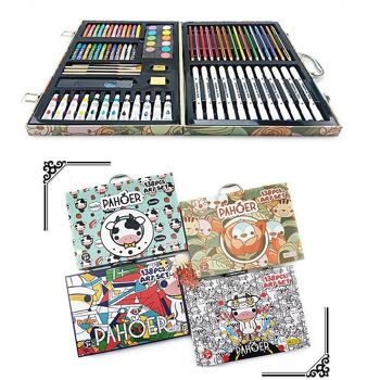 Mallette beaux-arts 138 pièces avec crayons et feutres doubles, aquarelles, pastels cires, acryliques, pinceaux et accessoires. Conception PETITES VACHES DMAL0017C30 2