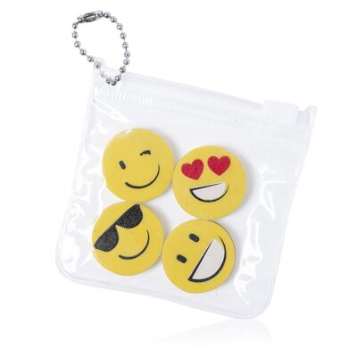 Mateky, set of 4 emoji designs erasers with a case with a zipper closure and a transport chain. DMAK0050C15