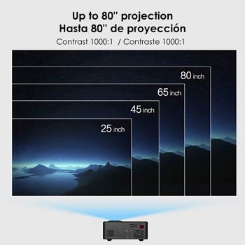 Mini vidéoprojecteur 814. Prend en charge HD 1080P. De 25 à 80 pouces, contraste 1000:1, haut-parleur intégré et télécommande. DMAF0142C00 2
