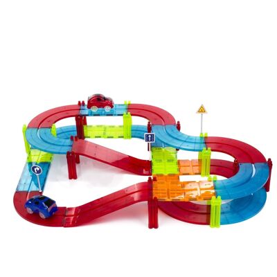 Track for cars with magnetic pieces. 72 pieces. Create your own circuits. Includes bridge, 2-height elevators, 2 cars. DMAG0219C91