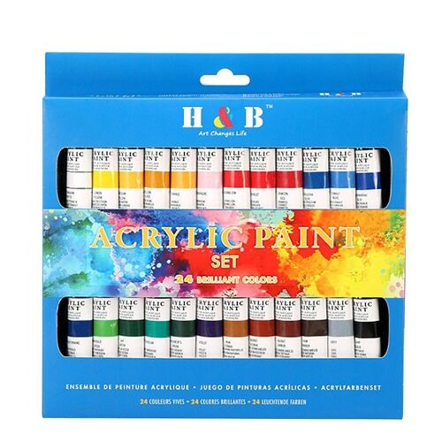 Set  Pintura acrílica para lienzos 24 colores en tubo con caja de almacenamiento. Pigmentos ricos, no decoloran. No tóxicas. DMAL0020C91Q24