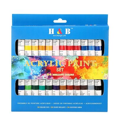 Set de peinture acrylique pour toiles 24 couleurs en tube avec boite de rangement. Pigments riches, ne se décolorent pas. Non toxique. DMAL0020C91Q24