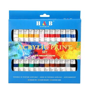 Set de peinture acrylique pour toiles 24 couleurs en tube avec boite de rangement. Pigments riches, ne se décolorent pas. Non toxique. DMAL0020C91Q24 1