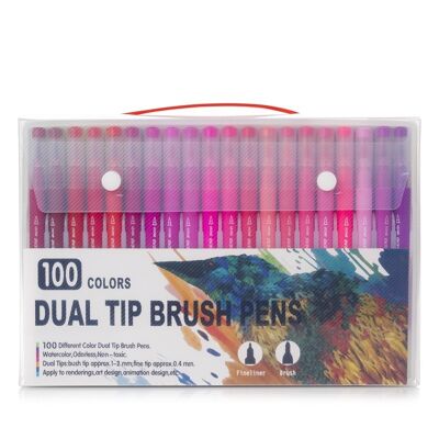 Set of 100 double-ended color markers, fine point 0.4 mm and professional watercolor brush tip. Ergonomic triangular shape for lettering, calligraphy, illustrations... DMAL0044C91Q100