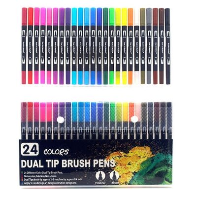 Set of 24 BLACK LINE double-ended color markers, fine point 0.4 mm and professional watercolor brush tip. Ergonomic round shape for lettering, calligraphy, illustrations... DMAL0046C91Q24