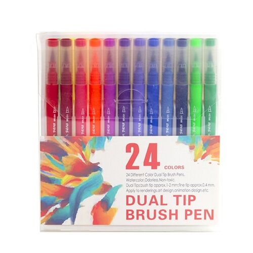 Set 24 Rotuladores color doble punta, punta fina 0,4 mms y punta pincel acuarelable profesional. Forma triángular ergonómica para lettering, caligrafía, ilustraciones… DMAL0044C91Q24