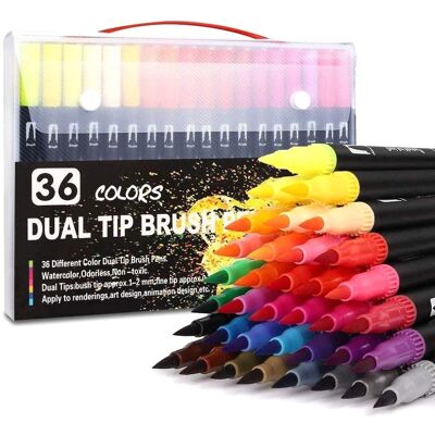 Set of 36 DUAL ART BLACK LINE double-ended markers, fine point 0.4 mm and professional watercolor brush tip. Ergonomic triangular shape for lettering, calligraphy, illustrations... DMAL0045C91Q36