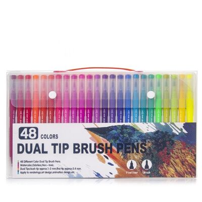 Ensemble de 48 feutres de couleur à double embout, pointe fine 0,4 mm et pointe pinceau aquarelle professionnelle. Forme triangulaire ergonomique pour lettrage, calligraphie, illustrations... DMAL0044C91Q48