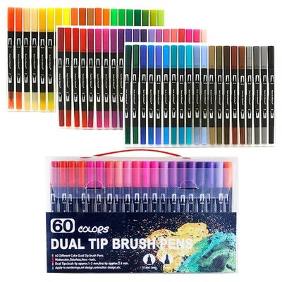 Set of 60 BLACK LINE double-ended color markers, fine point 0.4 mm and professional watercolor brush tip. Ergonomic round shape for lettering, calligraphy, illustrations... DMAL0046C91Q60