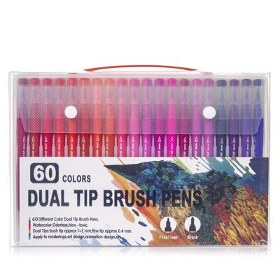 Set of 60 double-ended color markers, fine point 0.4 mm and professional watercolor brush tip. Ergonomic triangular shape for lettering, calligraphy, illustrations... DMAL0044C91Q60