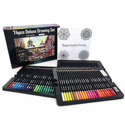 Ensemble de 74 crayons de couleur DELUXE DRAWING avec gabarit de dessin et gomme. DMAL0015C91