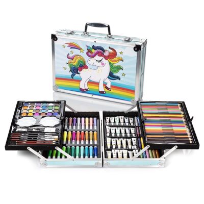 Complete set of painting and drawing 145 pieces oil, watercolors, crayons, markers, pastels and pencils with accessories. Deployable premium aluminum briefcase in trays. DMAL0083C30