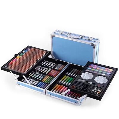 Complete set of painting and drawing 145 pieces oil, watercolors, crayons, markers, pastels and pencils with accessories. Premium aluminum fold-out tray tray. DMAL0018C30