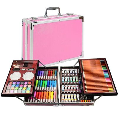 Complete set of painting and drawing 145 pieces oil, watercolors, crayons, markers, pastels and pencils with accessories. Premium aluminum fold-out tray tray. DMAL0019C55