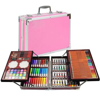 Ensemble complet de peinture et dessin 145 pièces huile, aquarelles, crayons, feutres, pastels et crayons avec accessoires. Plateau rabattable en aluminium de qualité supérieure. DMAL0019C55 1