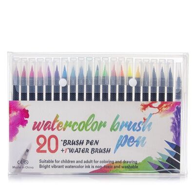 Set of 20+1 Watercolor brush tip pens with a water blender brush. Premium flexible nylon brushes for Manga, drawings and calligraphy. DMAL0016C91Q20