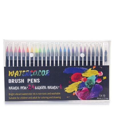 Set of 24+1 watercolor brush pens with water blending brush. Premium flexible nylon brushes for Manga, drawings and calligraphy. DMAL0016C91Q24