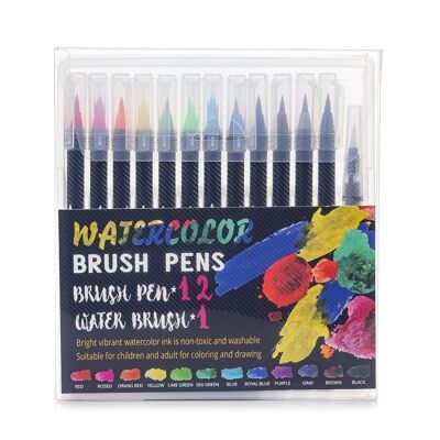 Set of 12+1 watercolor brush pens with water blending brush. Premium flexible nylon brushes for Manga, drawings and calligraphy. DMAL0016C91Q12