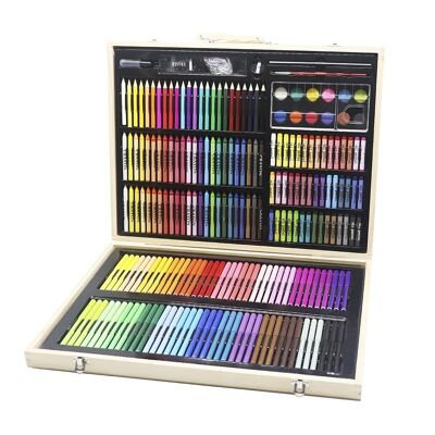Kunstsatz 245-teilig im Holzetui. Enthält Bleistifte, Wasserfarben, Marker, Buntstifte und Zubehör. DMAL0012C10