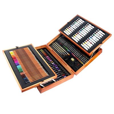 Professional fine arts set 174 pieces in a deluxe wooden case. Includes pencils, acrylic paint tubes, crayons, markers, brushes and accessories. DMAL0011C41