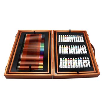 Ensemble de beaux-arts professionnels 174 pièces dans un coffret en bois de luxe. Comprend des crayons, des tubes de peinture acrylique, des crayons, des marqueurs, des pinceaux et des accessoires. DMAL0011C41 5