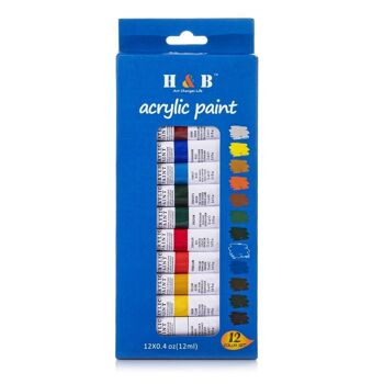 Set de peinture acrylique pour toiles 12 couleurs en tube avec boite de rangement. Pigments riches, ne se décolorent pas. Non toxique. DMAL0020C91Q12 1