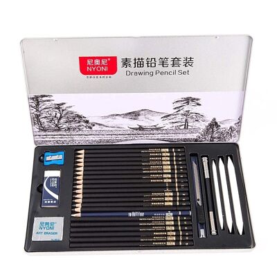 Professional Set of 29 pieces for professional designs. It consists of 14 sketch pencils of different thicknesses and hardness (H-14B), 6 carbon pencils and professional drawing tools. DMAL0014C00