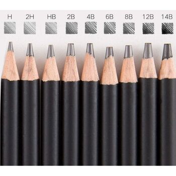 Ensemble professionnel de 29 pièces pour des conceptions professionnelles. Il se compose de 14 crayons à croquis d'épaisseurs et de duretés différentes (H-14B), de 6 crayons de carbone et d'outils de dessin professionnels. DMAL0014C00 2