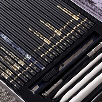 Ensemble professionnel de 29 pièces pour des conceptions professionnelles. Il se compose de 14 crayons à croquis d'épaisseurs et de duretés différentes (H-14B), de 6 crayons de carbone et d'outils de dessin professionnels. DMAL0014C00 4