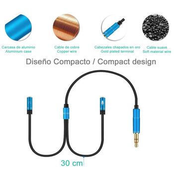 Convertisseur séparateur de double minijack femelle (microphone et haut-parleur) vers minijack mâle. Utilisez des casques PC avec micro sur votre smartphone et votre tablette. DMAF0046C30 2