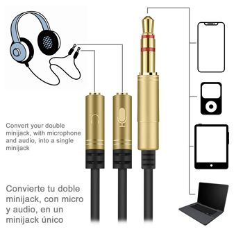 Convertisseur séparateur de double minijack femelle (microphone et haut-parleur) vers minijack mâle. Utilisez des casques PC avec micro sur votre smartphone et votre tablette. DMAF0046C96 6