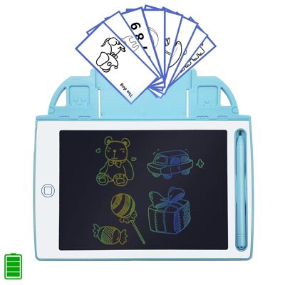 8.4 inch LCD writing and drawing tablet, multicolor background. Portable, with erasure lock and rechargeable battery. Includes learning cards for writing and drawing. DMAN0147C31CLOR