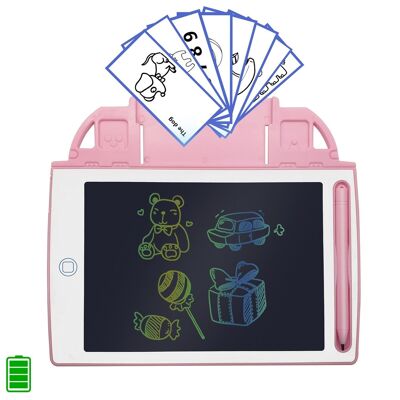 8.4 inch LCD writing and drawing tablet, multicolor background. Portable, with erasure lock and rechargeable battery. Includes learning cards for writing and drawing. DMAN0147C56CLOR