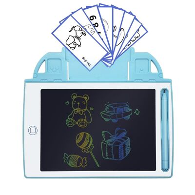8.4 inch LCD writing and drawing tablet, multicolor background. Portable, with erasure lock. Includes learning cards for writing and drawing. DMAN0146C31CLOR
