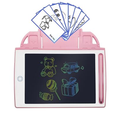 8.4 inch LCD writing and drawing tablet, multicolor background. Portable, with erasure lock. Includes learning cards for writing and drawing. DMAN0146C56CLOR