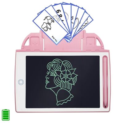 8.4 inch LCD writing and drawing tablet. Portable, with erasure lock and rechargeable battery. Includes learning cards for writing and drawing. DMAN0147C56